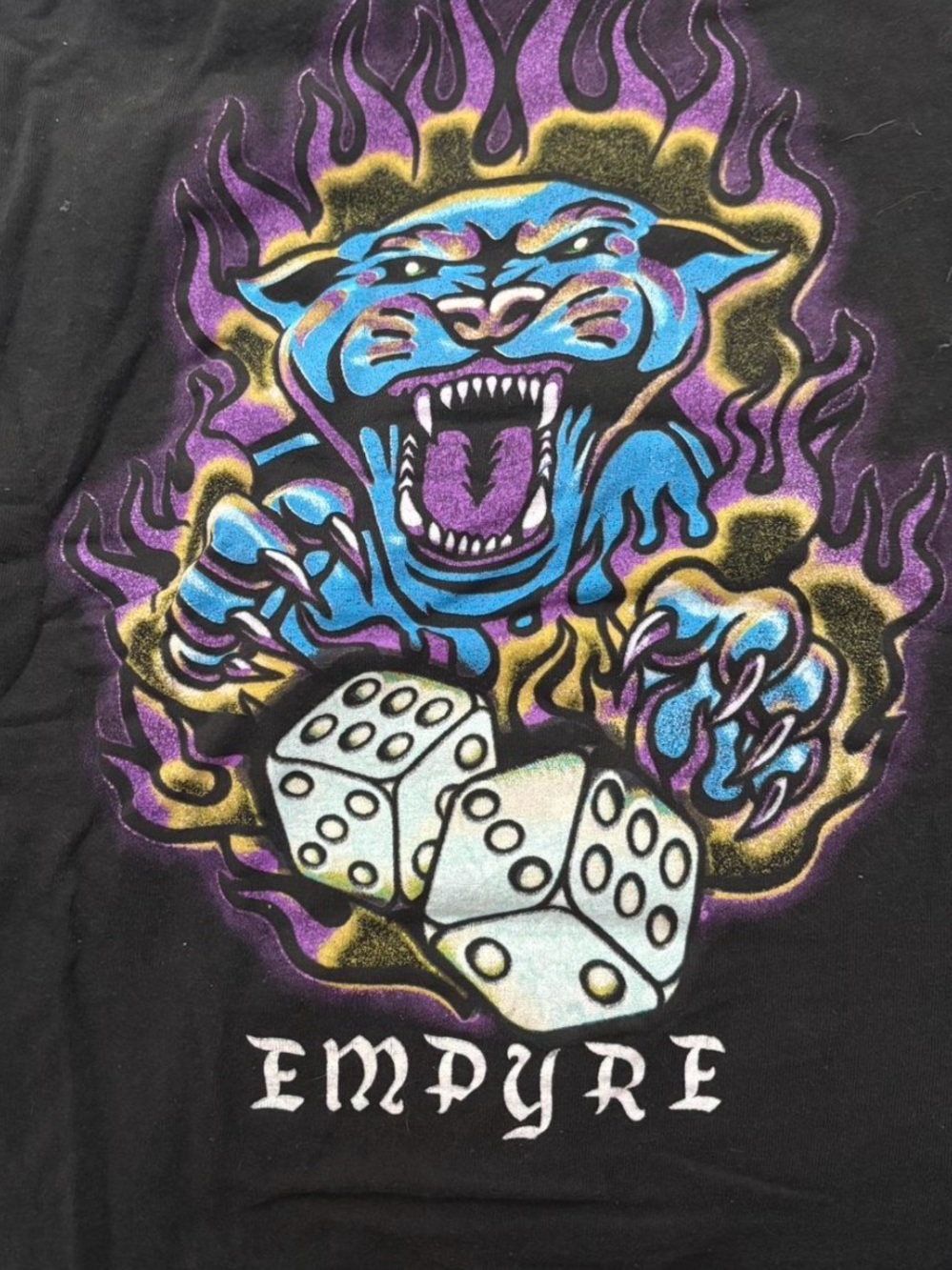 Empyre Black Tee with Blue Panther, Purple & Gold Flames